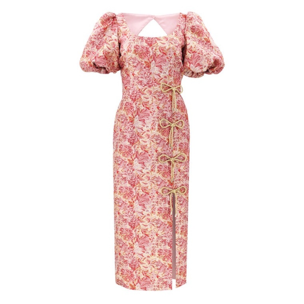 Elegant Pink and Gold Floral Puff Sleeve Dress with slit and pockets